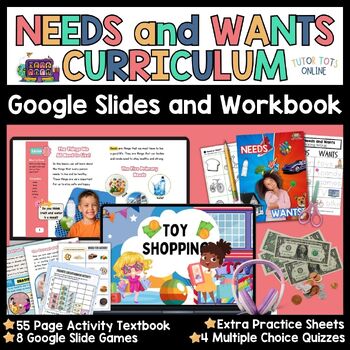 Preview of Needs And Wants Unit- Activity Textbook, Google Slides Games & worksheets