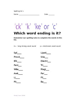 Preview of Is it a ck, k, ke, or c word ending? Worksheets