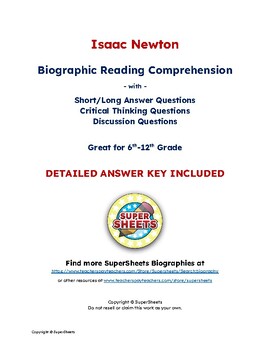 Preview of Isaac Newton Biography: Reading Comprehension & Questions w/ Answer Key