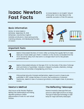 Preview of Isaac Newton Physics Facts Poster.