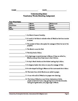 Islam Introductory Vocabulary Matching Assignment Or Quiz With Puzzles
