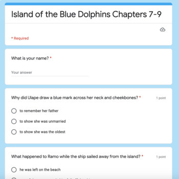 Preview of Island of the Blue Dolphins Chapters 7-9 Self Grading Google Form Quiz FREE