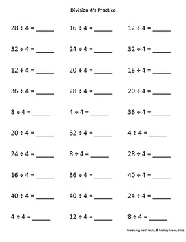 isolated math facts practice division 4s by efficiency