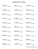 Isolated Math Facts Practice Multiplication 10's