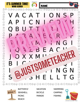 Preview of It's Summer Time! Word Search Printable (Difficulty=EASY)!  PDF+EASEL!