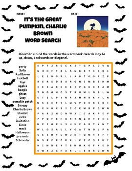 Preview of It's the Great Pumpkin, Charlie Brown Word Search for Halloween