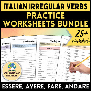 Preview of Italian 1 Irregular Verbs Practice Worksheets Bundle - ESSERE AVERE FARE ANDARE