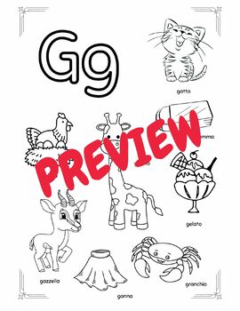 Italian Alphabet Colouring Pages for Kids - 21 pages - 168 vocabulary words