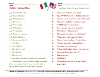 Preview of Italian American Heritage Quiz (for Italian Heritage Month)