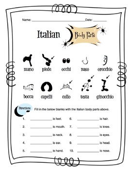 Preview of Italian Body Parts Worksheet Packet