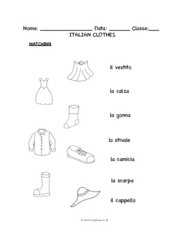 Italian Clothes PUZZLES WORKSHEETS Crossword Matching Word search
