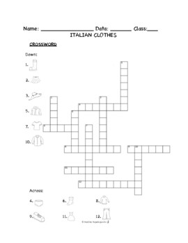 Italian Clothes PUZZLES WORKSHEETS Crossword Matching Word search