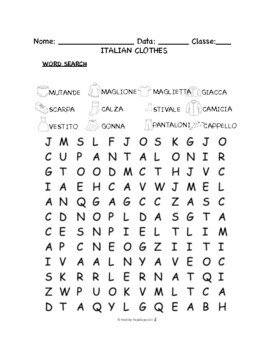 Preview of Italian Clothes PUZZLES & WORKSHEETS | Crossword, Matching, Word search + MORE