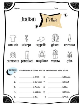 Preview of Italian Clothing Items Worksheet Packet