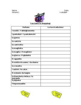 Preview of Italian Clothing and Shopping Vocabulary List - Novice-High