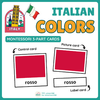 Preview of Colors in Italian (I colori): Montessori 3-Part Cards, 12 Colors, Bilingual
