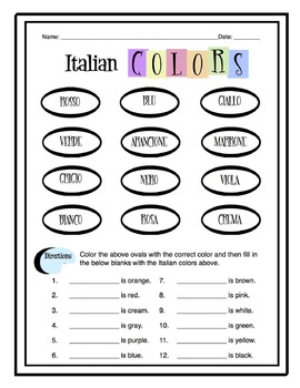 Preview of Italian Colors Worksheet Packet