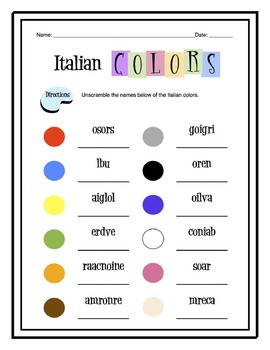 Italian Colors Worksheet Packet by Sunny Side Up Resources | TpT