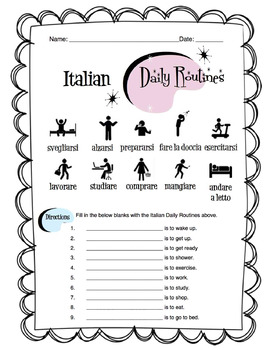 Preview of Italian Daily Routines Worksheet Packet