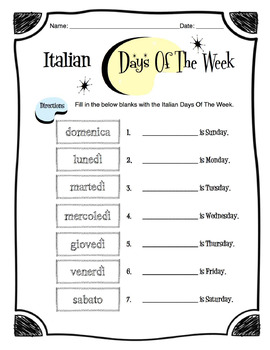 Preview of Italian Days of the Week Worksheet Packet