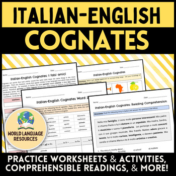 Preview of Italian English Cognates - Practice Activities, Worksheets Reading Comprehension
