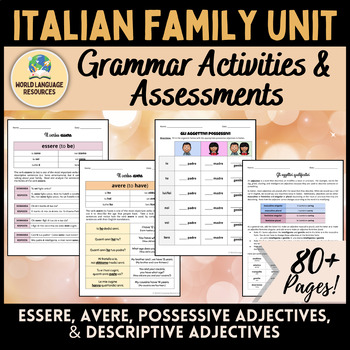 Preview of Italian Family Unit: Grammar Activities - essere, avere, possessive adjectives