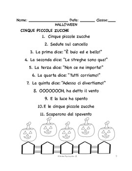 Preview of Italian Halloween SONG & COLORING PAGE | Cinque Piccole Zucche