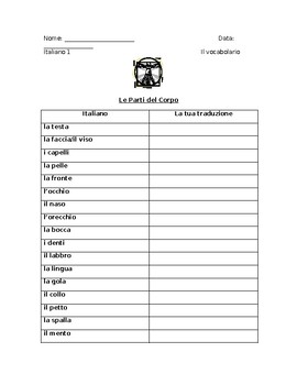 Preview of Italian Health and Well Being Vocabulary List