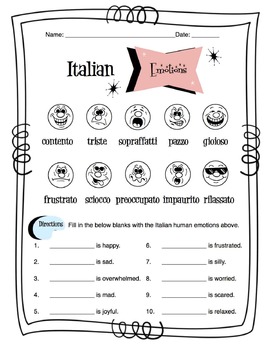 Preview of Italian Human Emotions Worksheet Packet