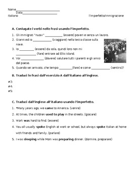 Preview of Italian Imperfect Tense and Immigration Worksheet