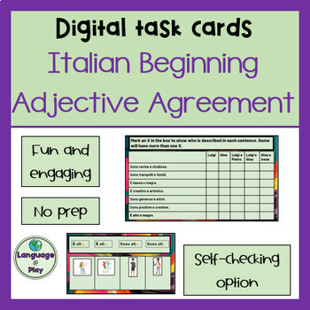 Preview of Italian Introduction to Adjective Agreement Interactive Task Cards on Google