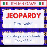 Italian Jeopardy - All the Verbs! (pres, pp, imp, fut, con