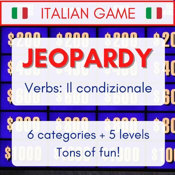 Preview of Italian Jeopardy - Conditional / Condizionale presente verbs - PPT Game + music!