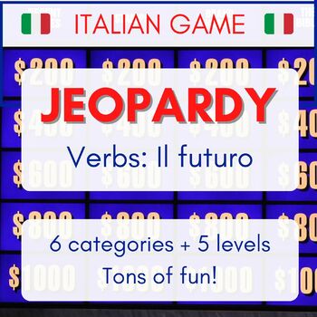 Preview of Italian Jeopardy -- Future / Futuro semplice verbs -- PPT Game with music!