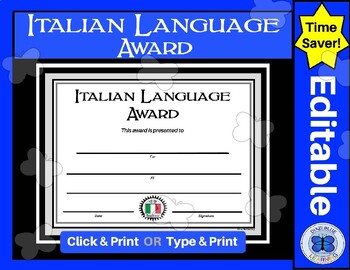 Preview of Italian Language Award Certificate - Elementary, Middle, High School - Editable