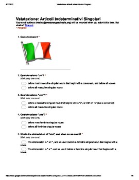 Preview of Italian Made Simple: Indef. Articles Assessment (Sing. only) (Multiple Choice)