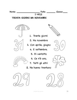 Preview of Italian Months SONG & COLORING PAGE | Trenta giorni ha novembre, Gennaio porta..