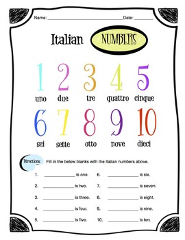 Preview of Italian Numbers 1-10 Worksheet Packet