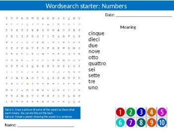 Preview of Italian Numbers Starter Activities Keyword Wordsearch Homework Language