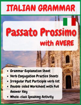 Preview of Italian Passato Prossimo Verbs (w/ Avere) - Grammar Worksheets + Class Activity