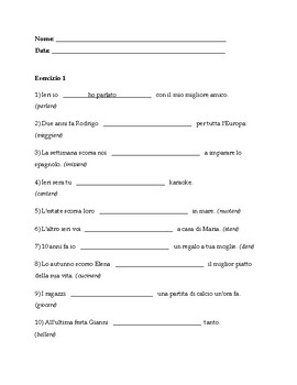 Preview of Italian Past Tense (Passato Prossimo) -ARE, -ERE, -IRE Verbs Worksheets