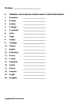italian plural nouns with definite articles worksheet by practical steps