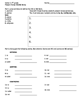 Preview of Italian Present Tense IRE and ISC Verbs