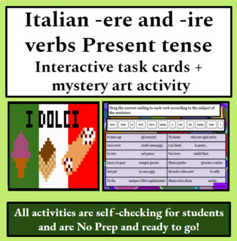 Preview of Italian Present Tense -ere and -ire Verbs Digital Task Cards Mystery Art Bundle