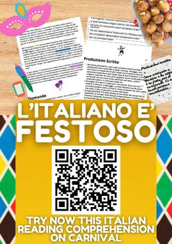 Preview of Italian Reading Comprehension + Writing Activity Worksheet on Carnival in Italy
