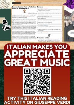 Preview of Italian Reading Comprehension + Writing Activity Worksheets on Giuseppe Verdi