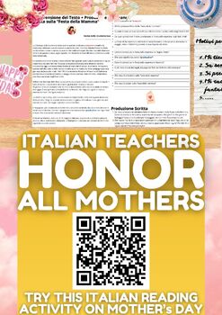 Preview of Italian Reading Comprehension + Writing Activity Worksheets on Mother's Day