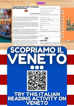 Preview of Italian Reading Comprehension + Writing Worksheet on Veneto - Regions in Italy