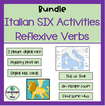 Preview of Italian Reflexive Verbs SIX Activities Bundle Games Escape Room Task Cards +