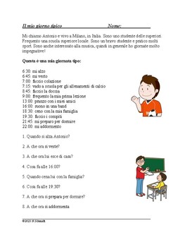 Preview of Italian Reflexive Verbs and Telling Time Worksheet: Il mio giorno tipico